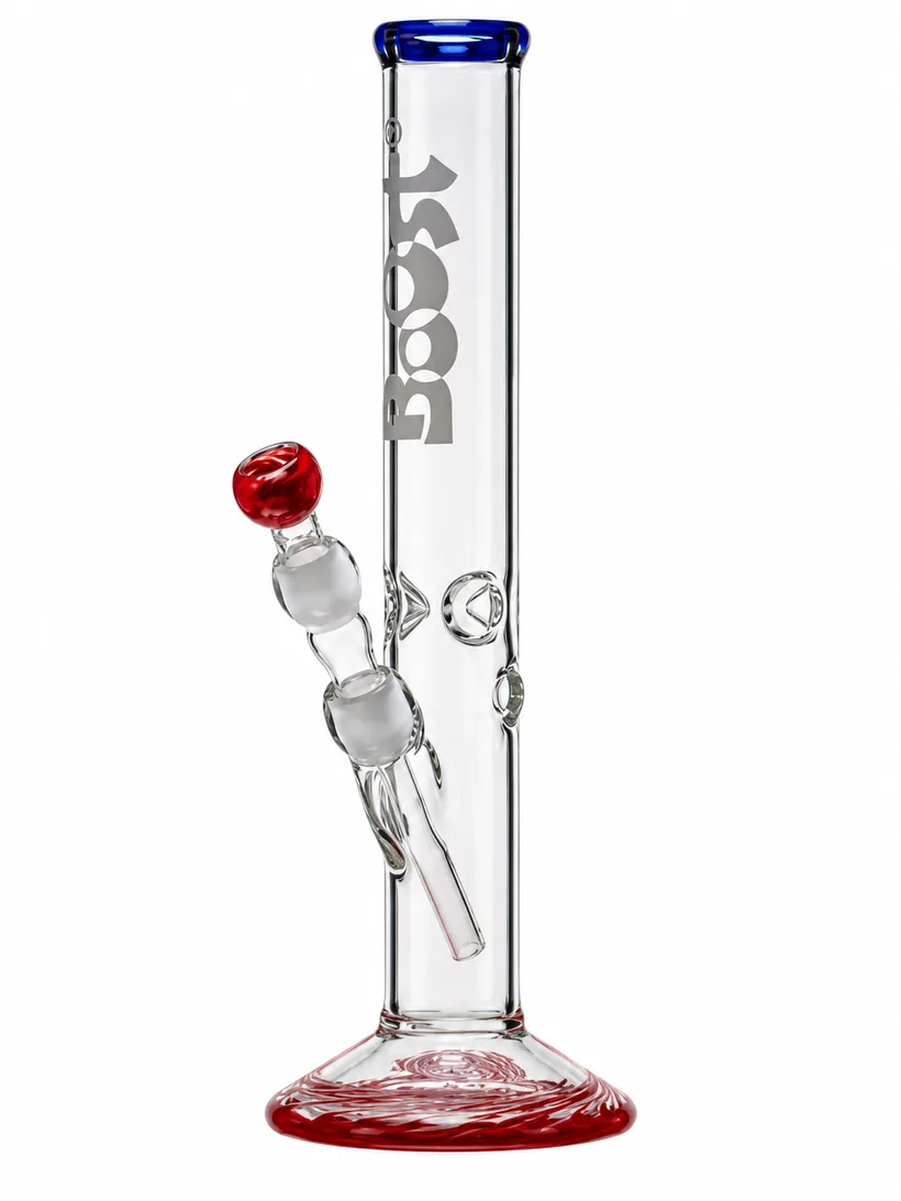 Boost Cane 38 glass bong, 38 cm, red base, blue lip, on white